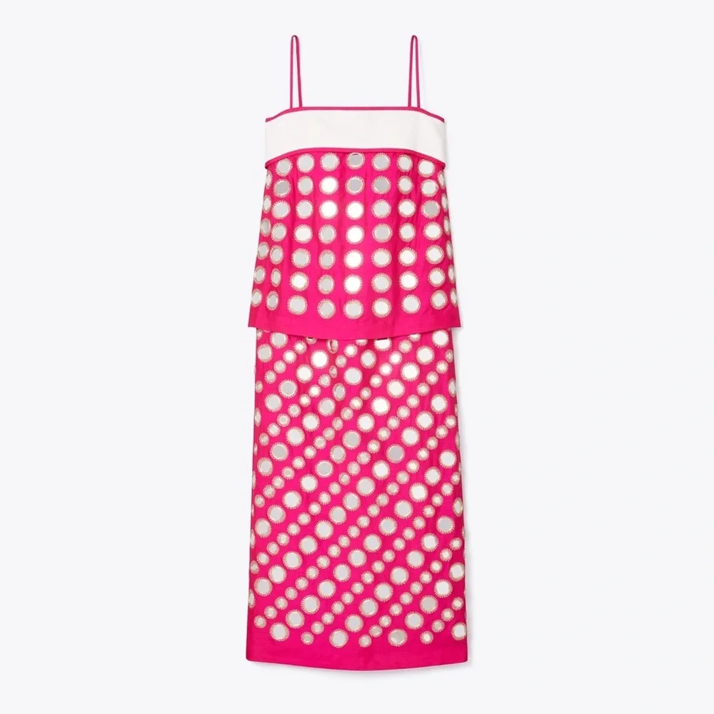 NWT Tory Burch LAYERED HAND-DONE MIRRORWORK DRESS in Bold Pink Sz 00 - Picture 2 of 3